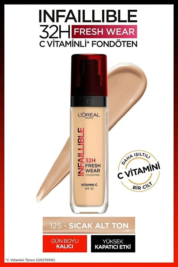 Loreal Paris Infaillible 32h Fresh Wear C Vitaminli Fondöten - 125 Natural Beige Kapatıcı