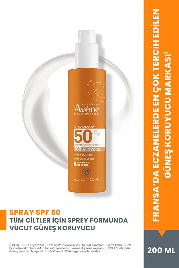 Avene Sprey Güneş Kremi SPF 50+ Vücut için Yüksek Koruma Sağlayan Nemlendirici Güneş Kremi 200 ml